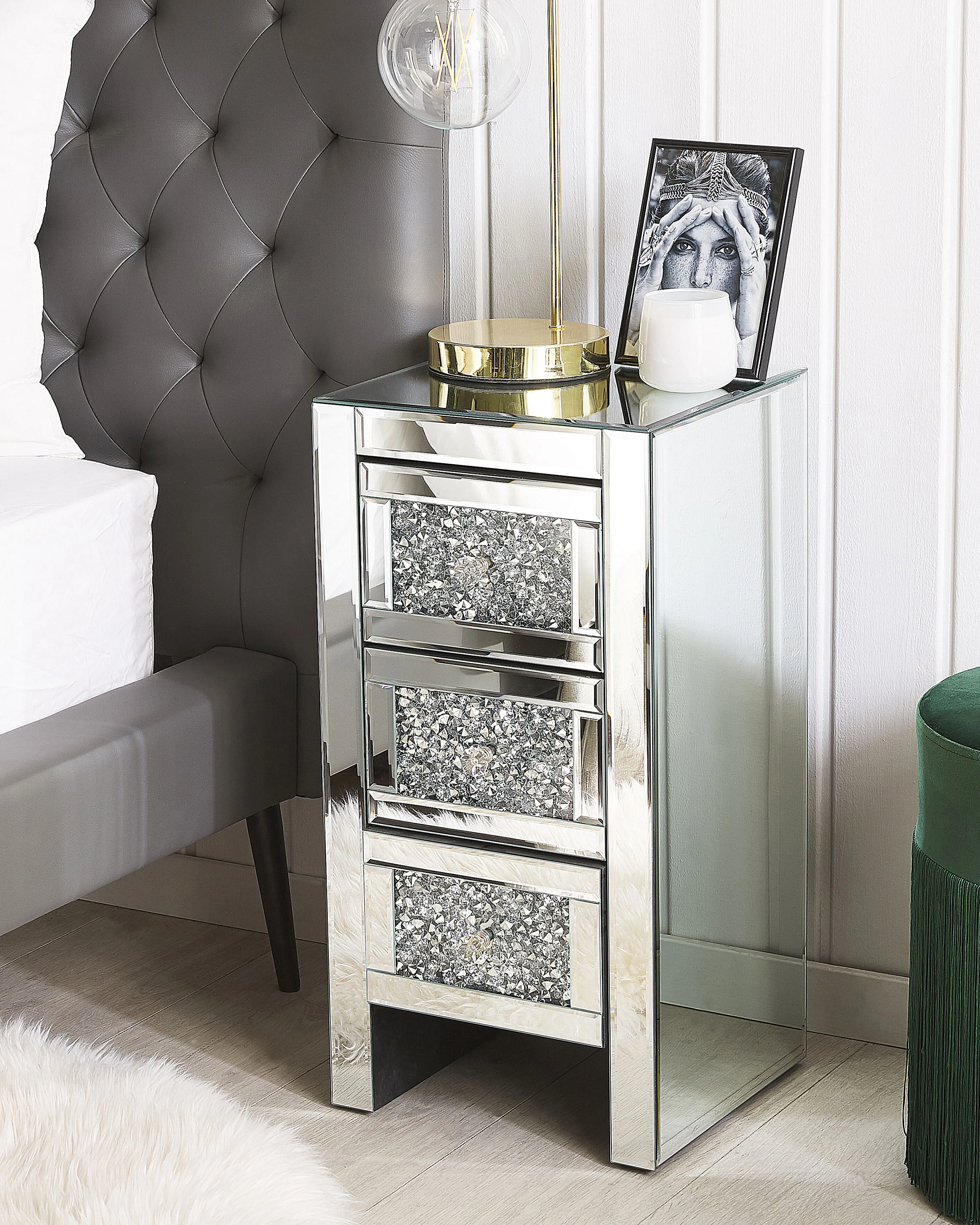 3 Drawer Bedside Table LORAY Glass Mirrored Silver