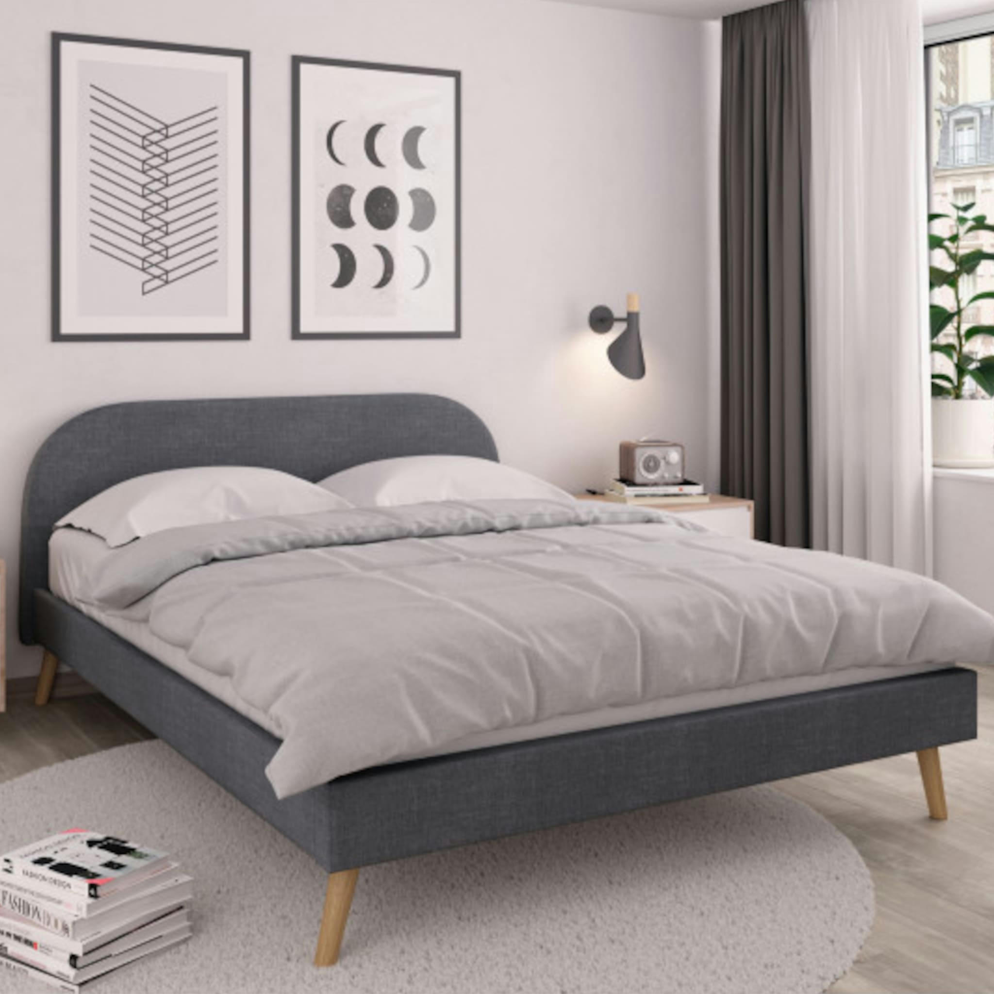 - Lit avec sommier à lattes intégré et tête de lit en tissu gris foncé 1