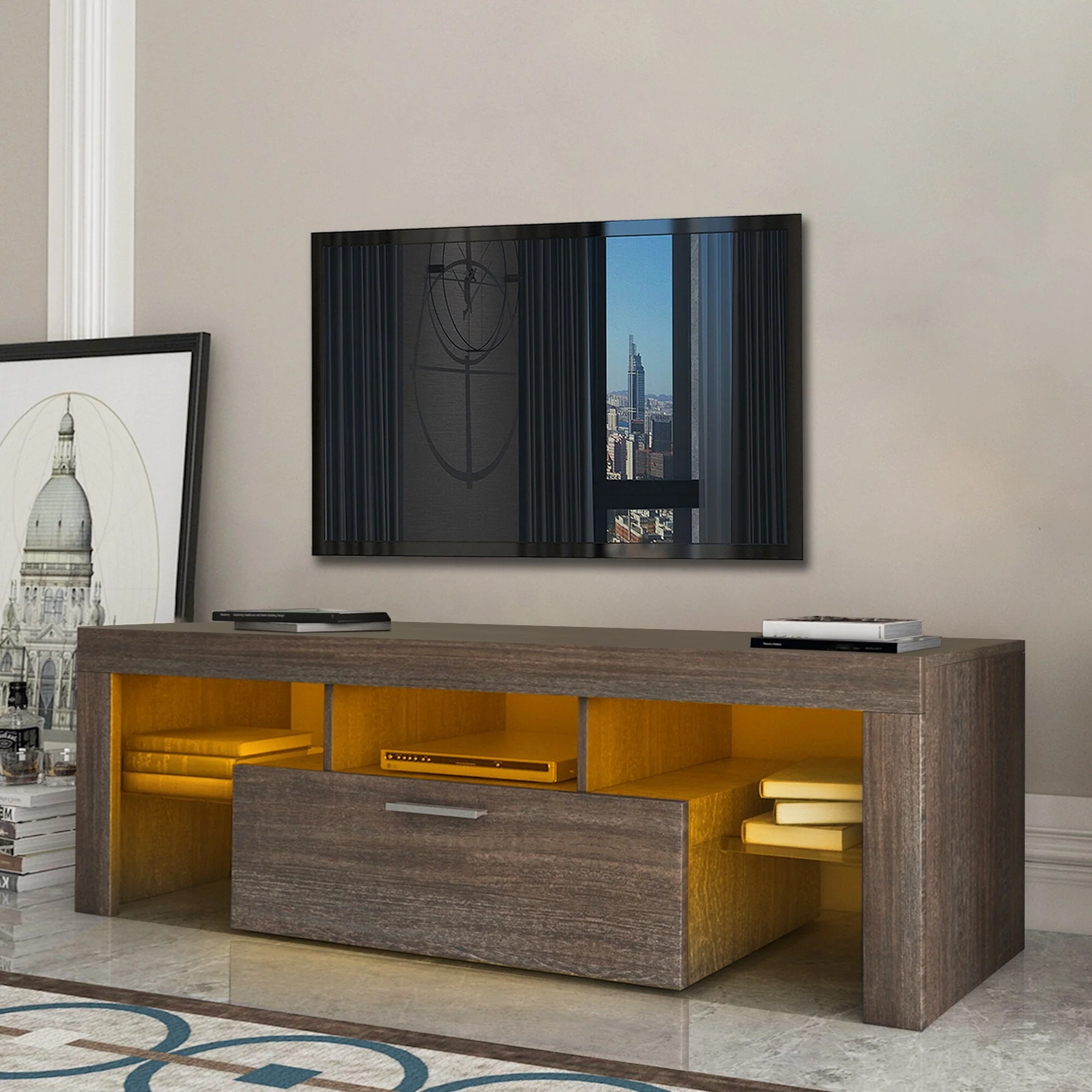 Modern Tv Stand With Led Color Changing Lights And Toughened Glass Shelf - 13.78 x 51.18 x 17.72