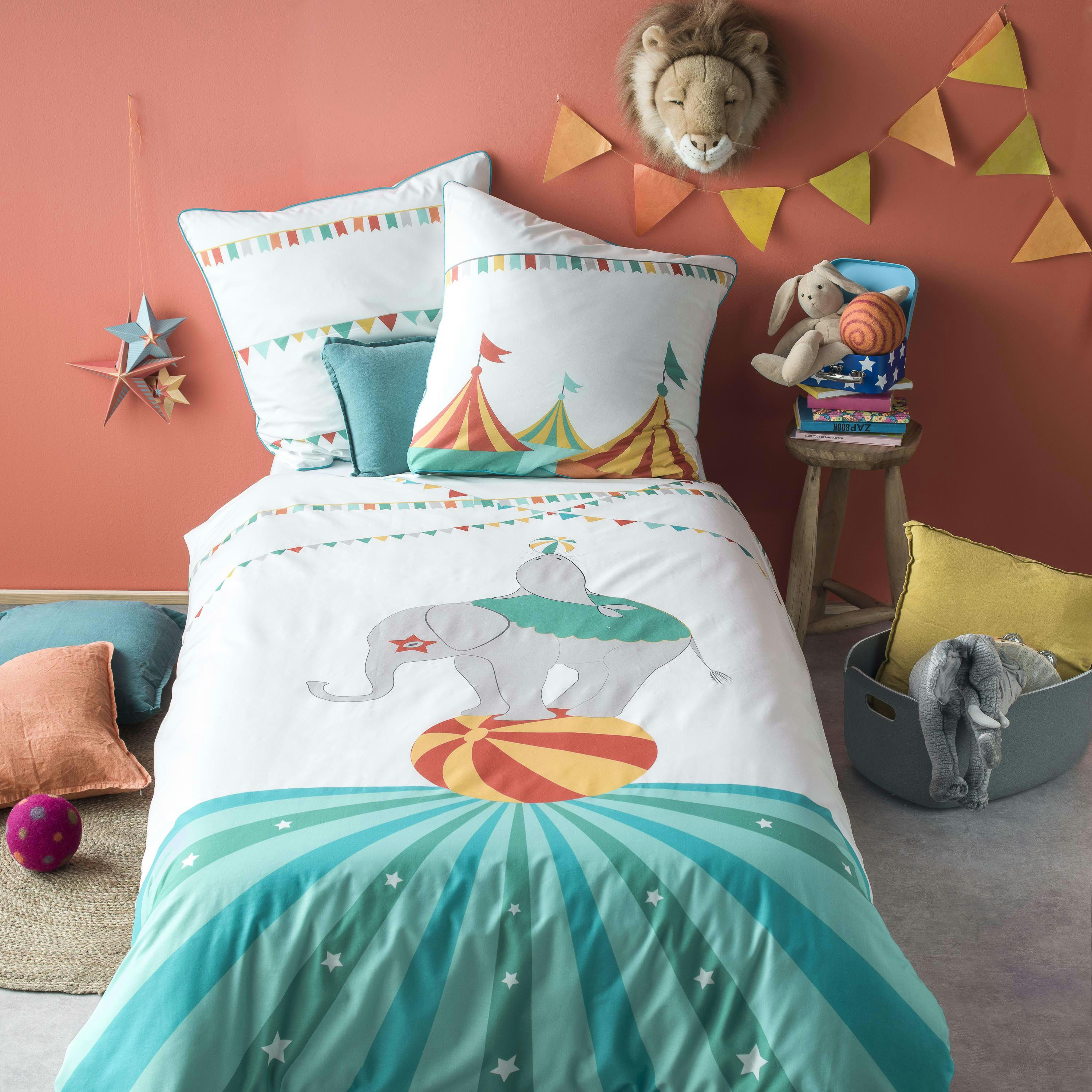 CIRQUE DE COULEURS - Parure de lit imprimée en coton  140x200+65x65cm Blanc/bleu