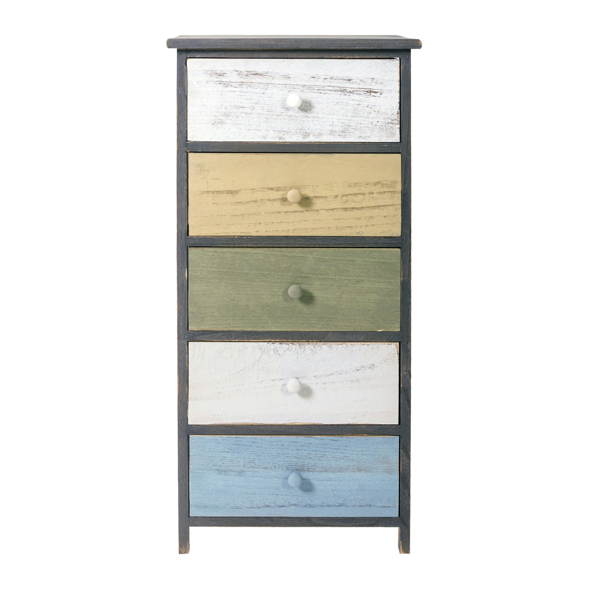 - Chiffonnier en bois blanc et gris avec 5 tiroirs