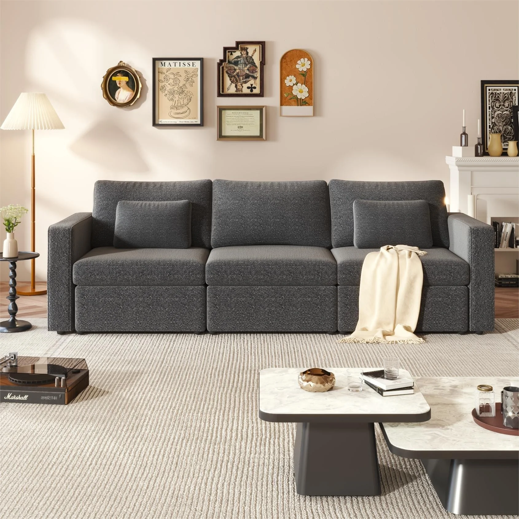 100.4'' Oversized Linen 3-Seat Modular Sectional Sofa with Pillows, Cotton-Linen Upholstery for Living Room