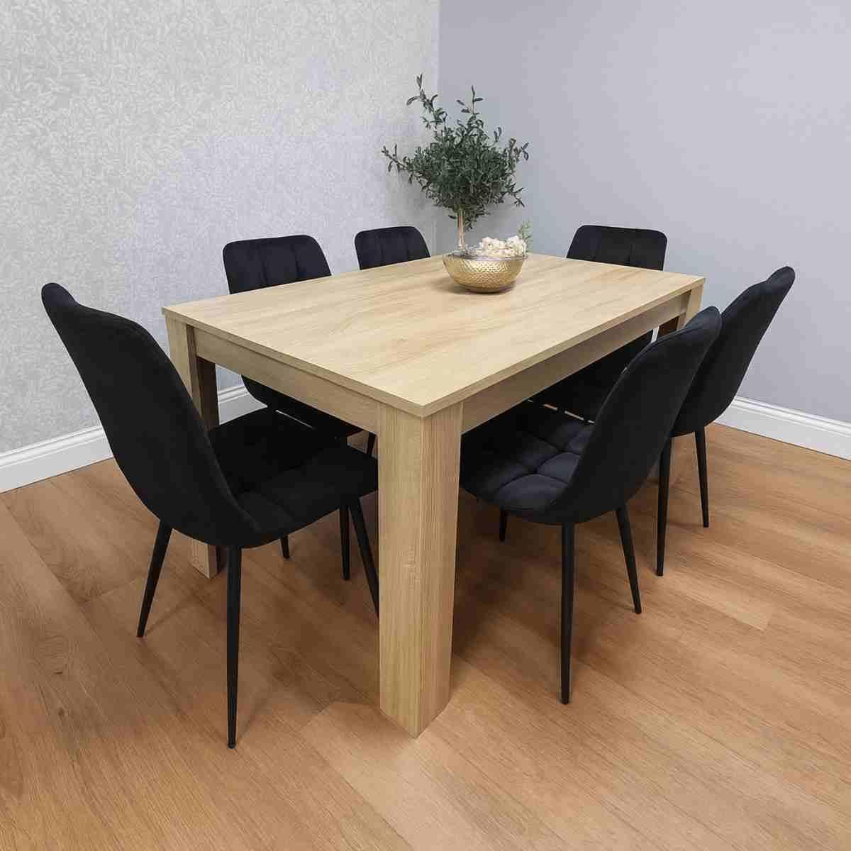 KOSY KOALA Oak Effect Dining Table Set With 6 Black Velvet Chairs