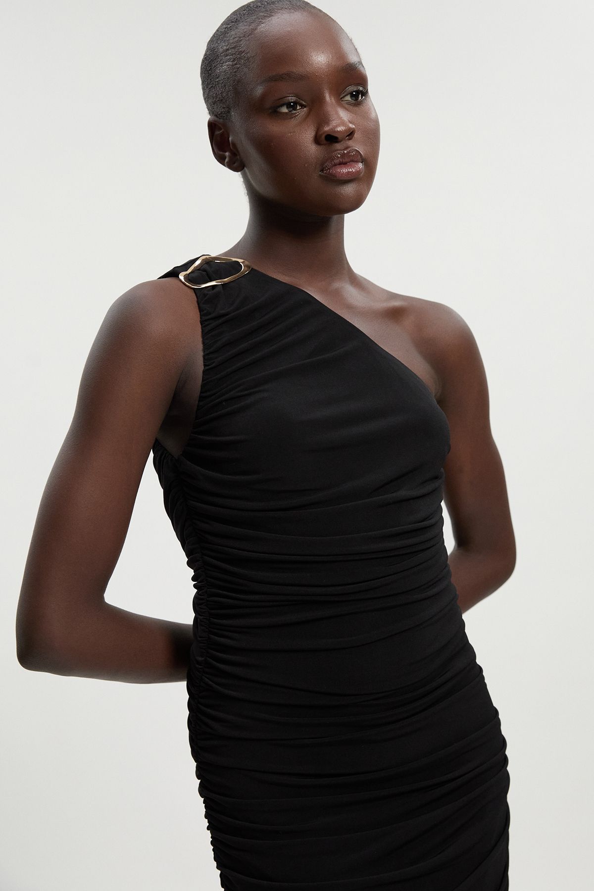 KarenMillen One Shoulder Drapey Crepe Trim Detail Ruched Maxi Dress