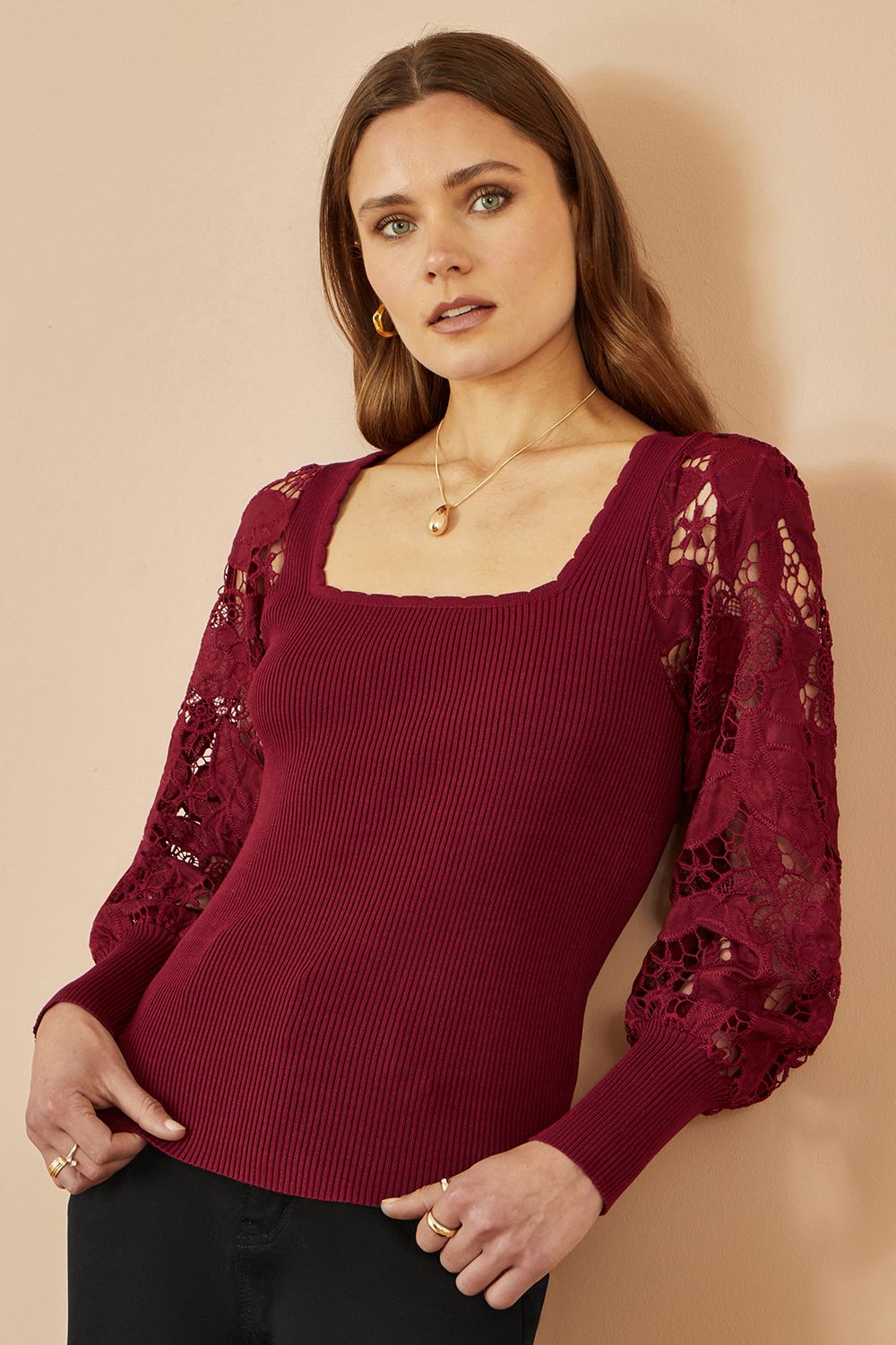 Yumi Burgundy Ribbed Knitted Top With Lace Sleeves