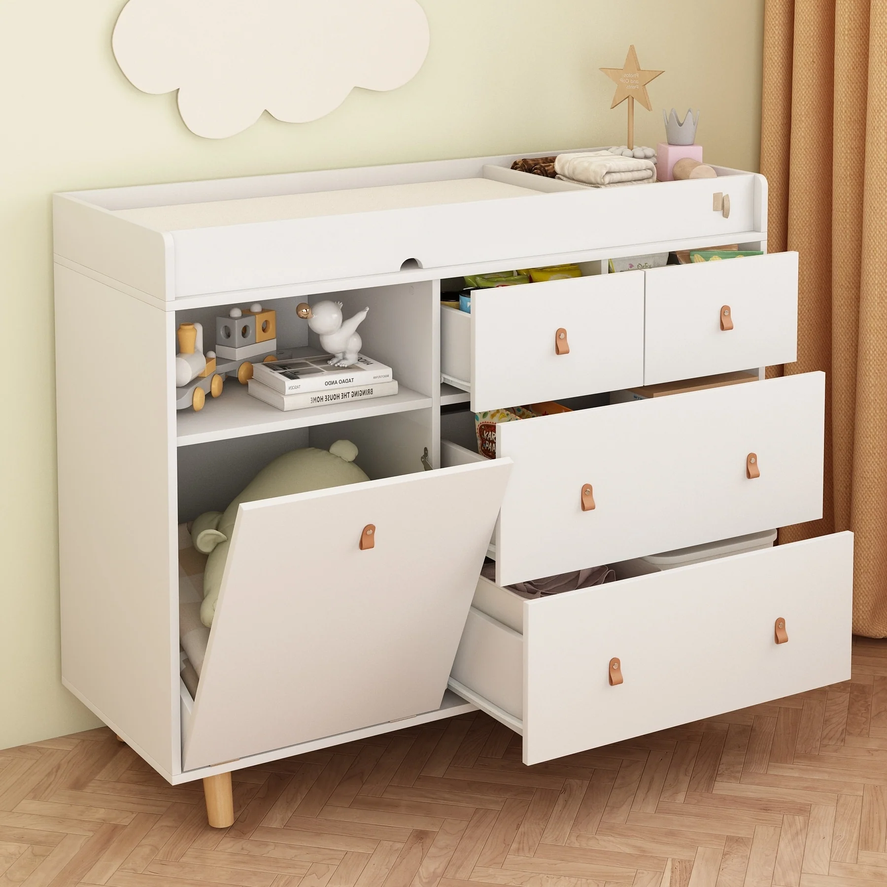 Wood Nursery Baby Dresser,White Bedroom Dresser with 5 Drawers,38H