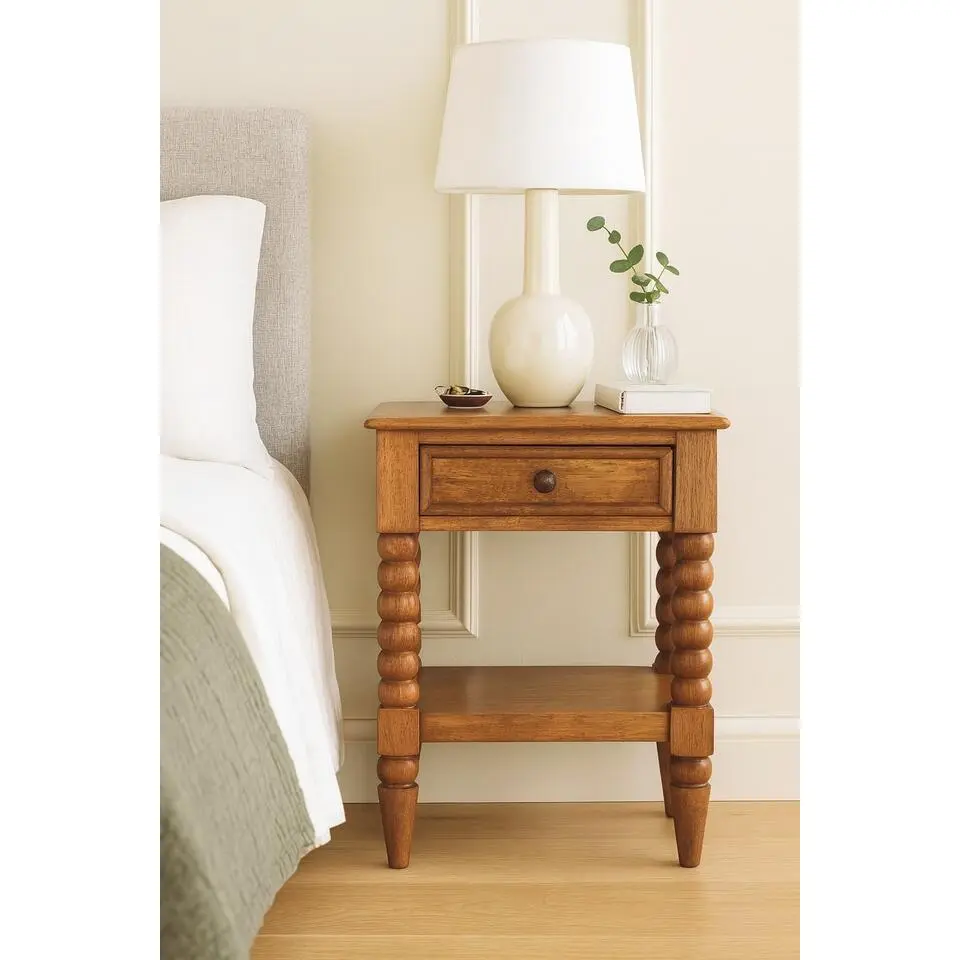 Artisan Furniture Massief Houten Spindel Nachtkastje, 1Lade, 1 Open Plank, Beige