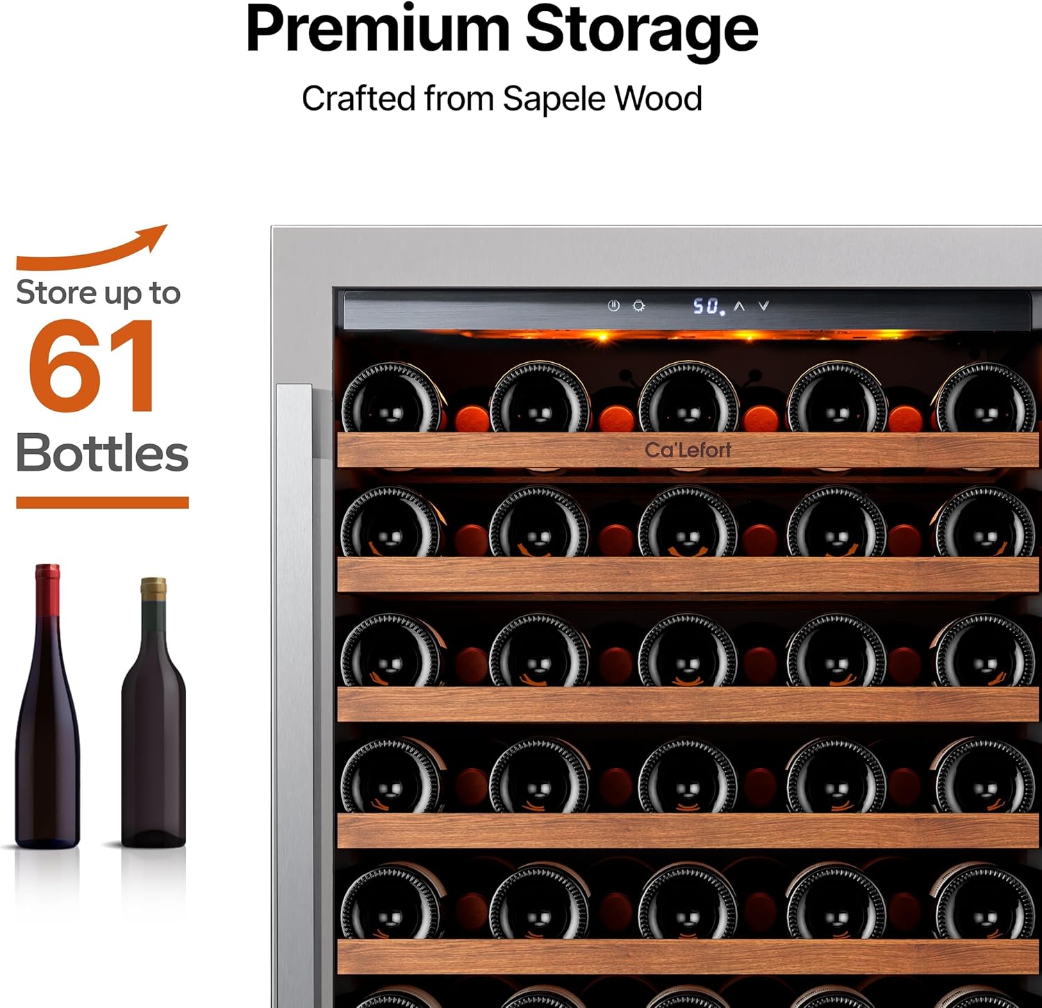 Ca'Lefort 24 Inch Wine Fridge, 61 Bottle Wine Cooler Refrigerator, 40-65°F Wine Refrigerator Glass Door, 3 LED Wine Fridge, Built-in or Freestanding Fridge for Home/Bar/Kitchen (5.65 cu.ft)