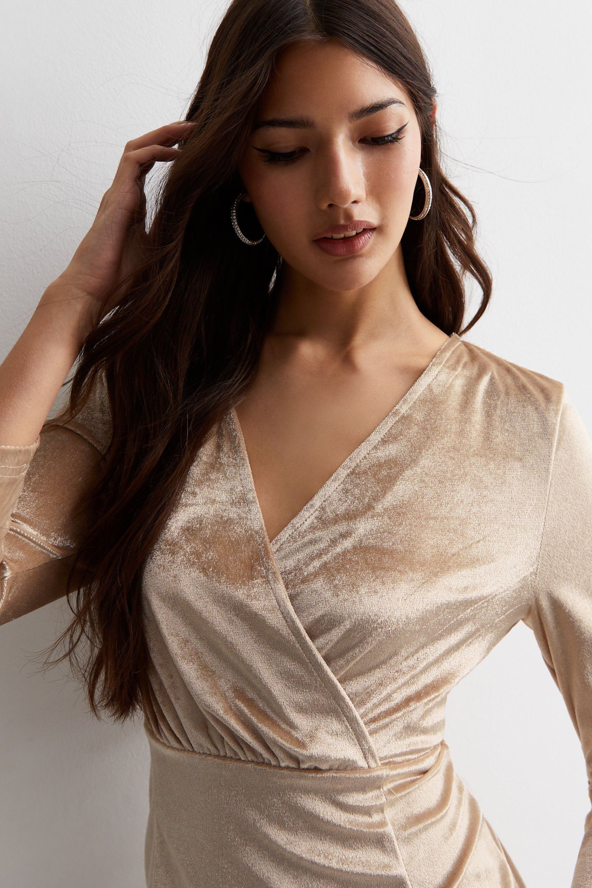 Gini London Champagne Velvet Wrap Top Midi Dress