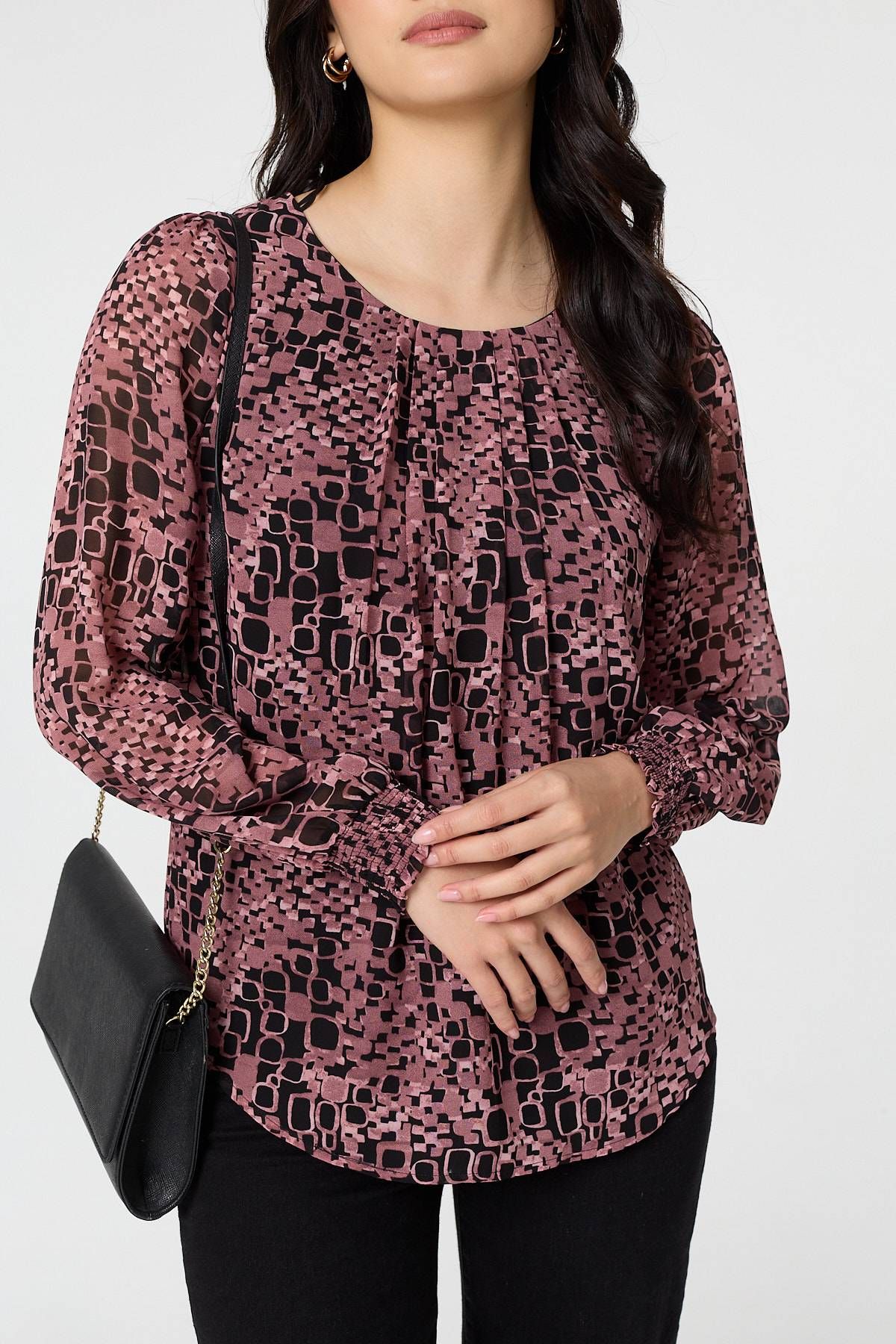 Izabel London Printed Ruched Semi Sheer Blouse