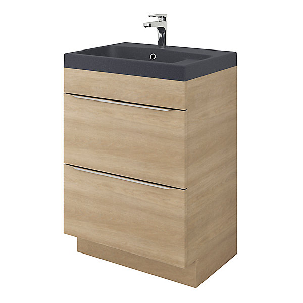 Meuble vasque à poser Imandra effet chêne l.60 cm   plan vasque noir résine Mila, GoodHome