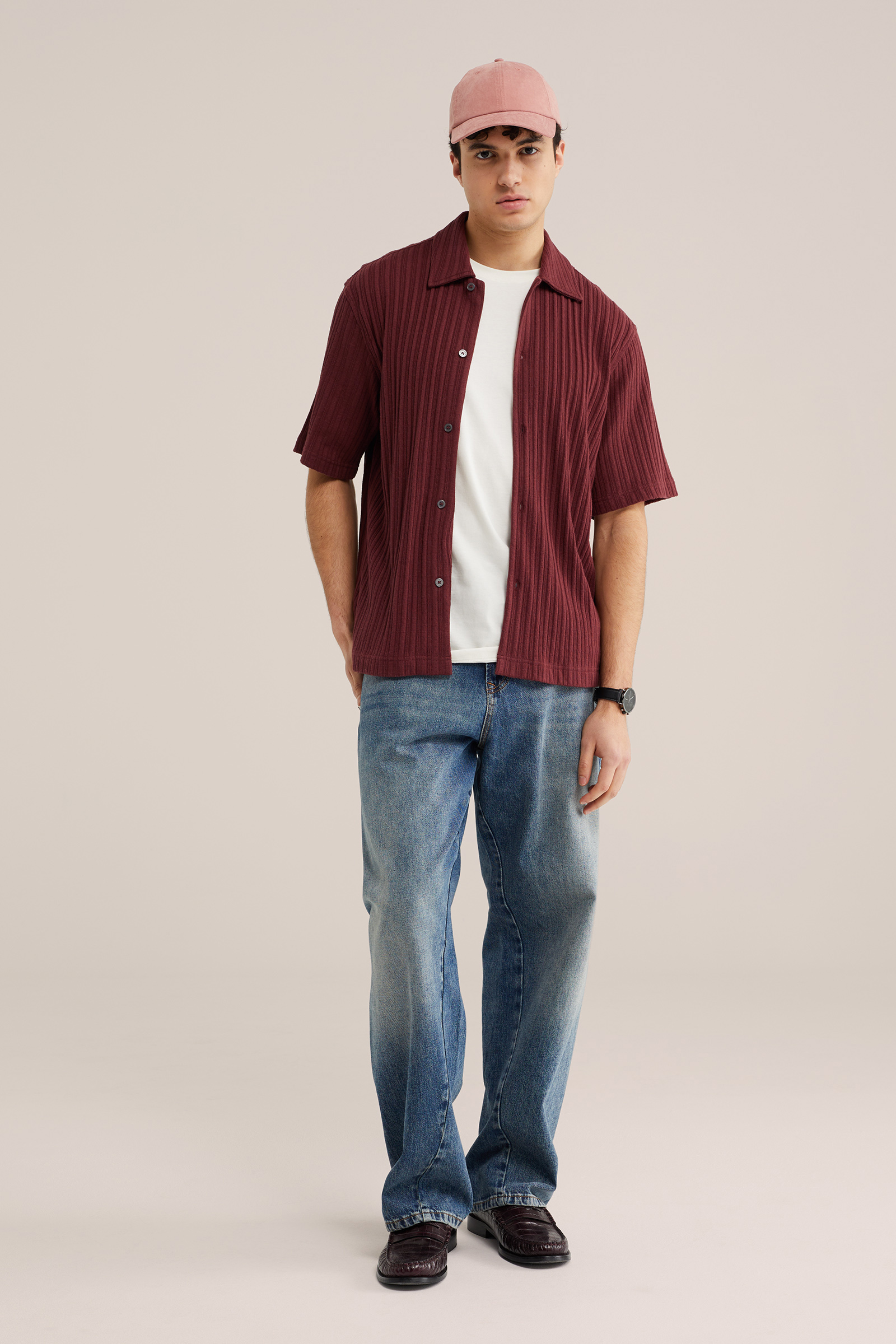 Heren relaxed fit gebreid overhemd met structuur