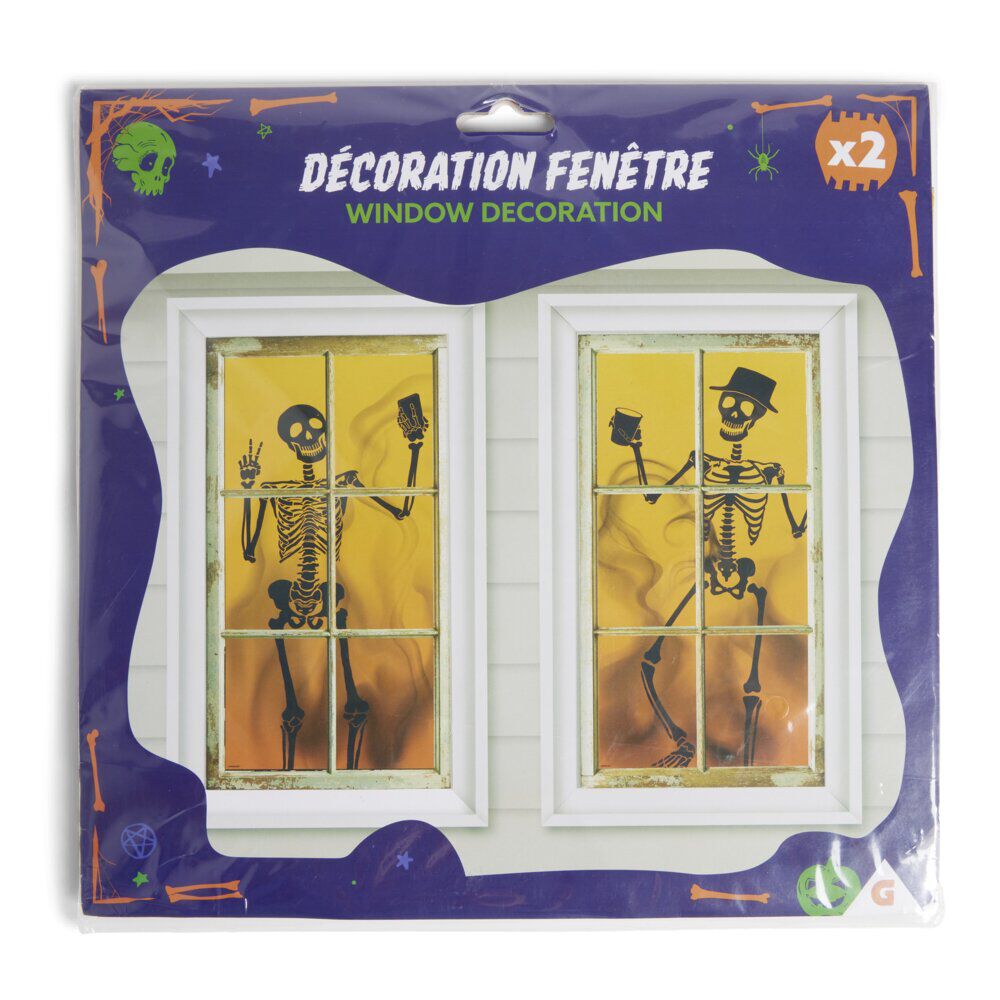 Décoration de fenêtre Halloween silhouette squelette 2 pièces 85xH165cm