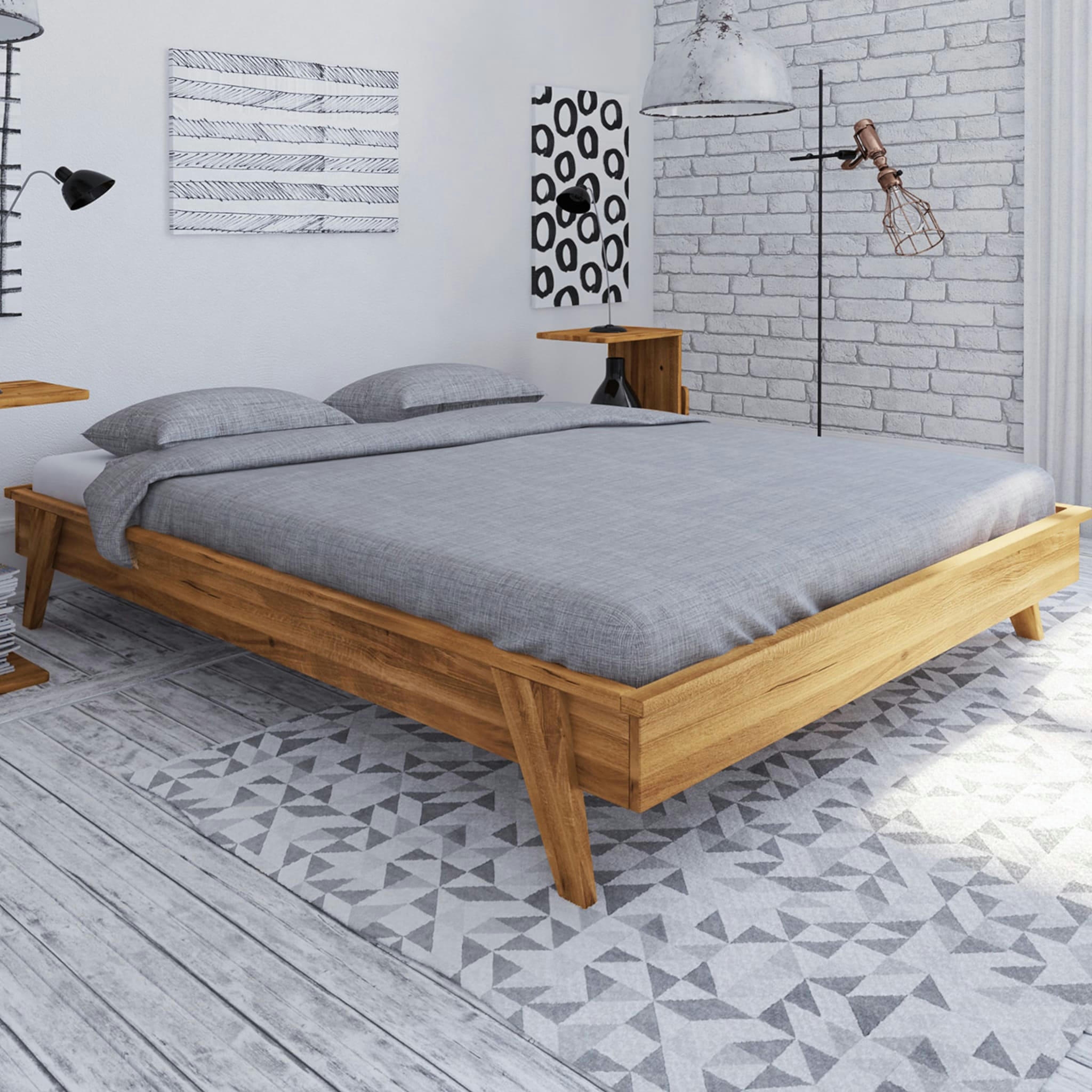 - Lit avec pieds inclinés bois clair 160x200