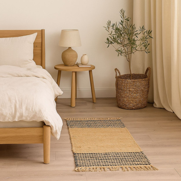 Dywan jutowy naturalny beż z frędzlami czarne paski 70x140 cm BOHO