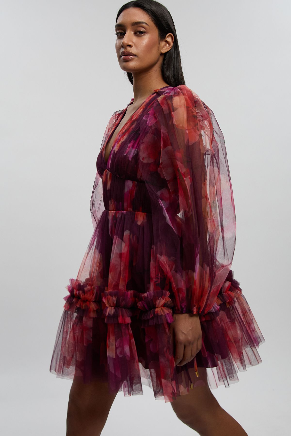 KarenMillen Floral Tulle Balloon Sleeve Plunge Woven Mini Dress