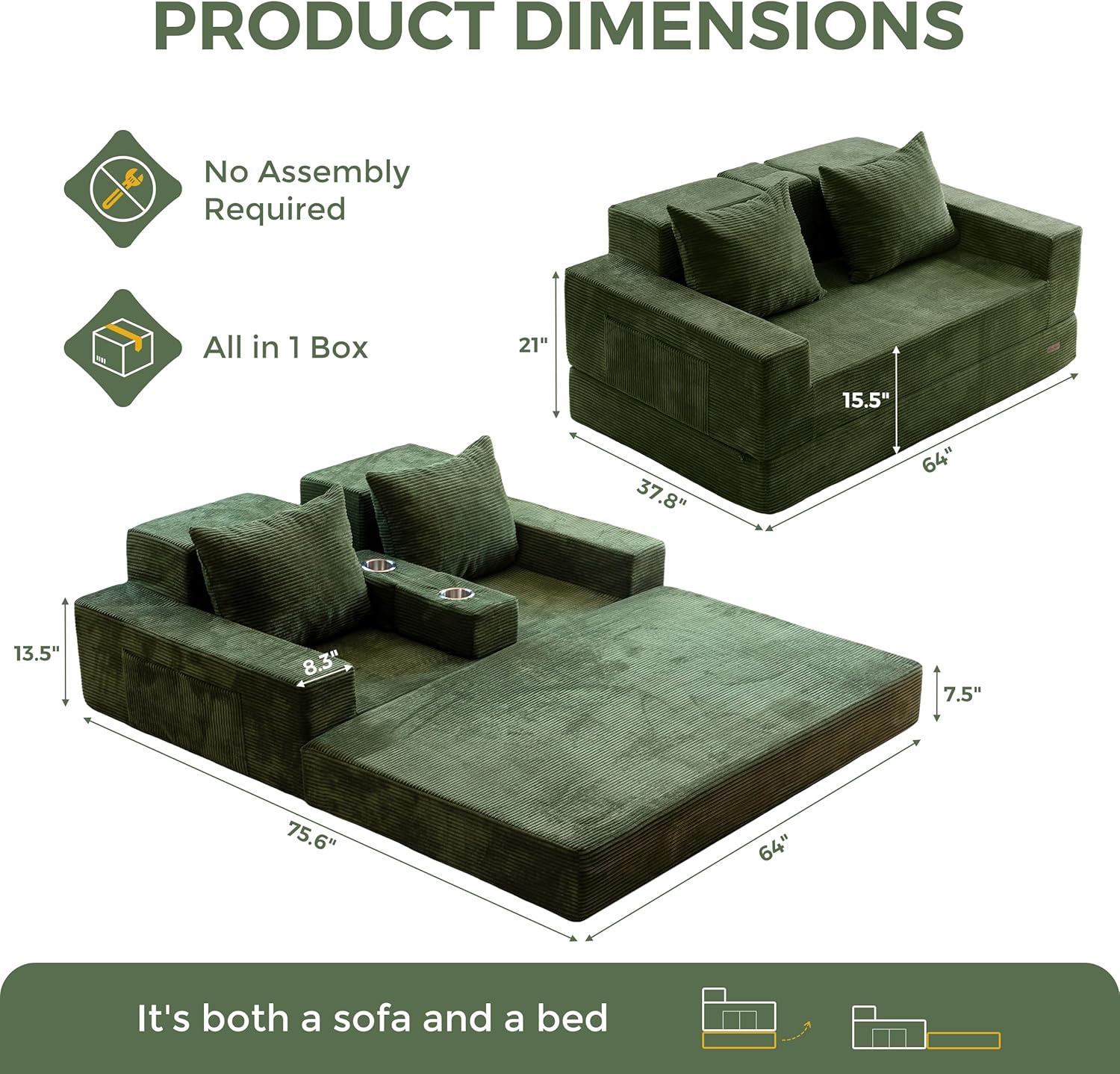 MAXYOYO Loveseat Sofa Bed, 64 Foldable Floor Sofa Couch in A Box with 2 Cup Holders, 4 in 1 Convertible Boneless Couch Folding Recliner Sleeper Chair for Living Room, No Assembly Required, Green