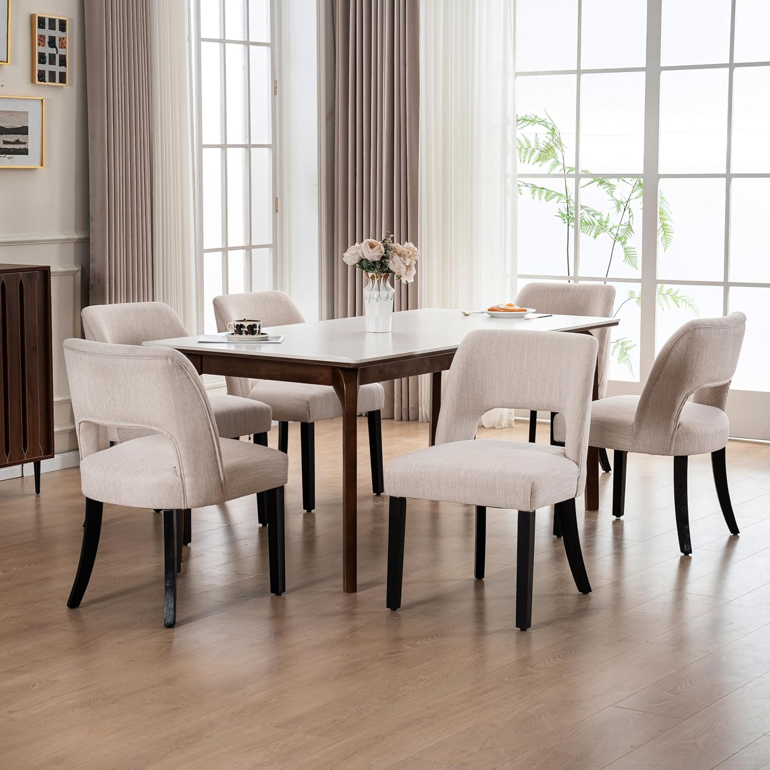 VKNOW Wooden Dining Chairs Set of 6, Modern Fabric Upholstered Dining Room Chair Kitchen Chairs, Farmhouse Dinner Chair for Kitchen Dining Room, Beige-Black Legs