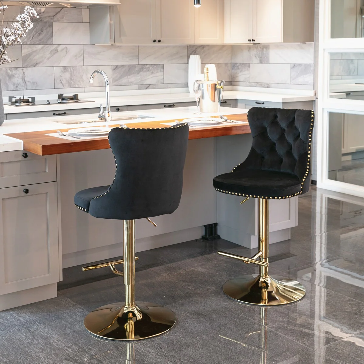 C-Shape Swivel Barstool Black Set of 2 Adjusatble Tufted Home Kitchen