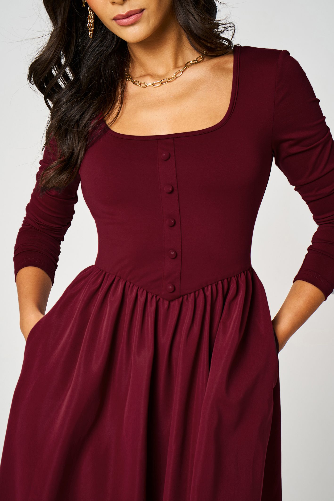 FS Collection Long Sleeve Button Detail Midi Dress