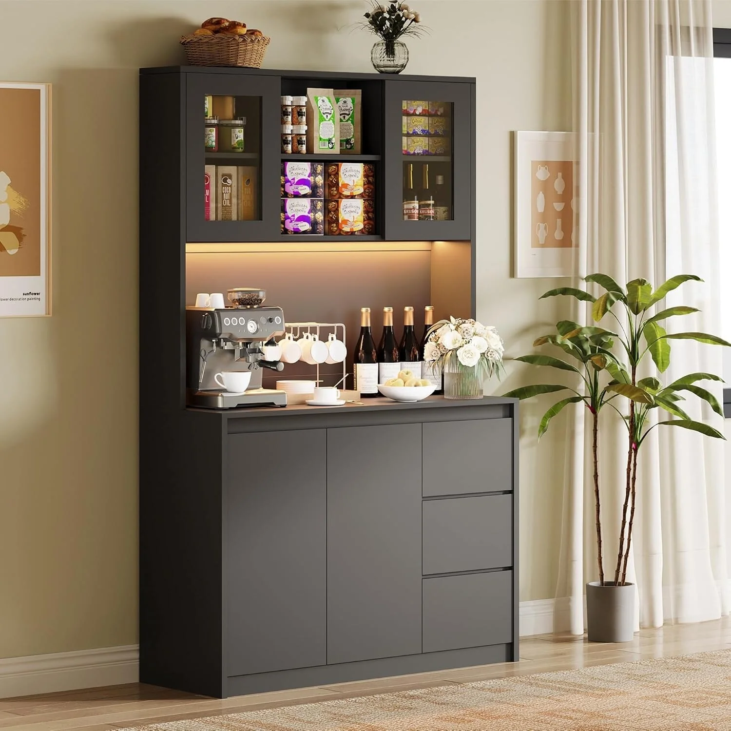 Kitchen Pantry Cabinet , Tall Storage Cabinet with Countertop and LED Lights