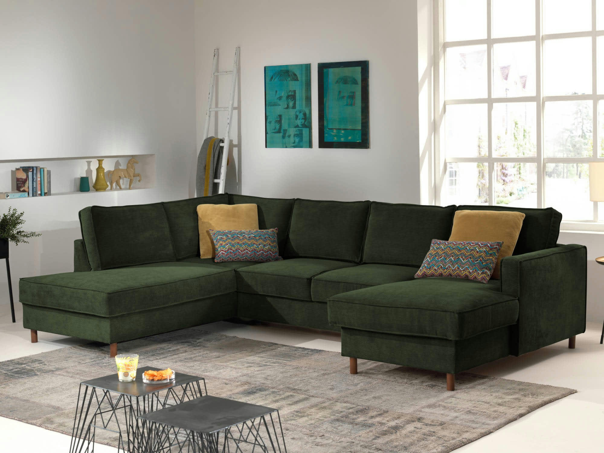 JAKE - Canapé panoramique 7 places angle gauche en velours côtelé vert