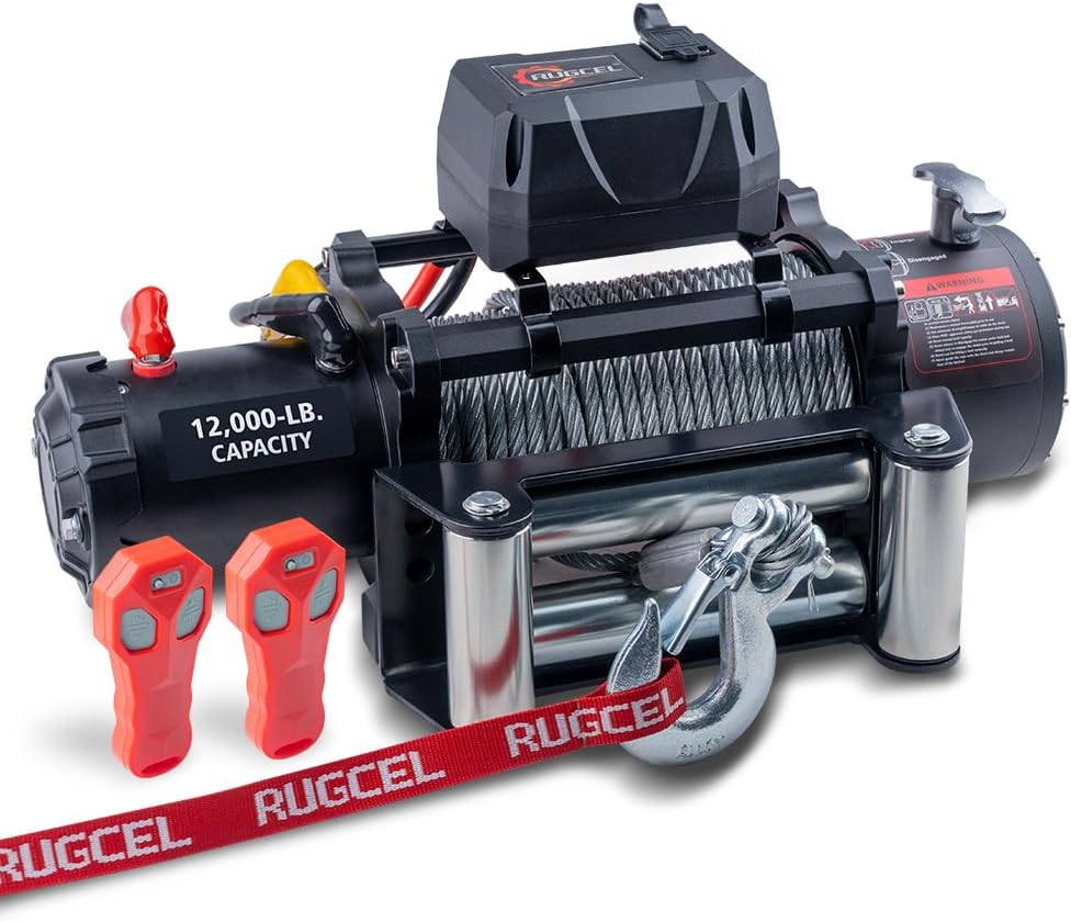 RUGCEL 12000lb 12V Waterproof Electric Winch Steel Rope with Roller Fairlead  Remote(12000LB Steel rope)