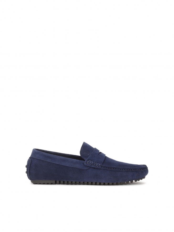Navy blue suede penske moccasins on a lugged sole