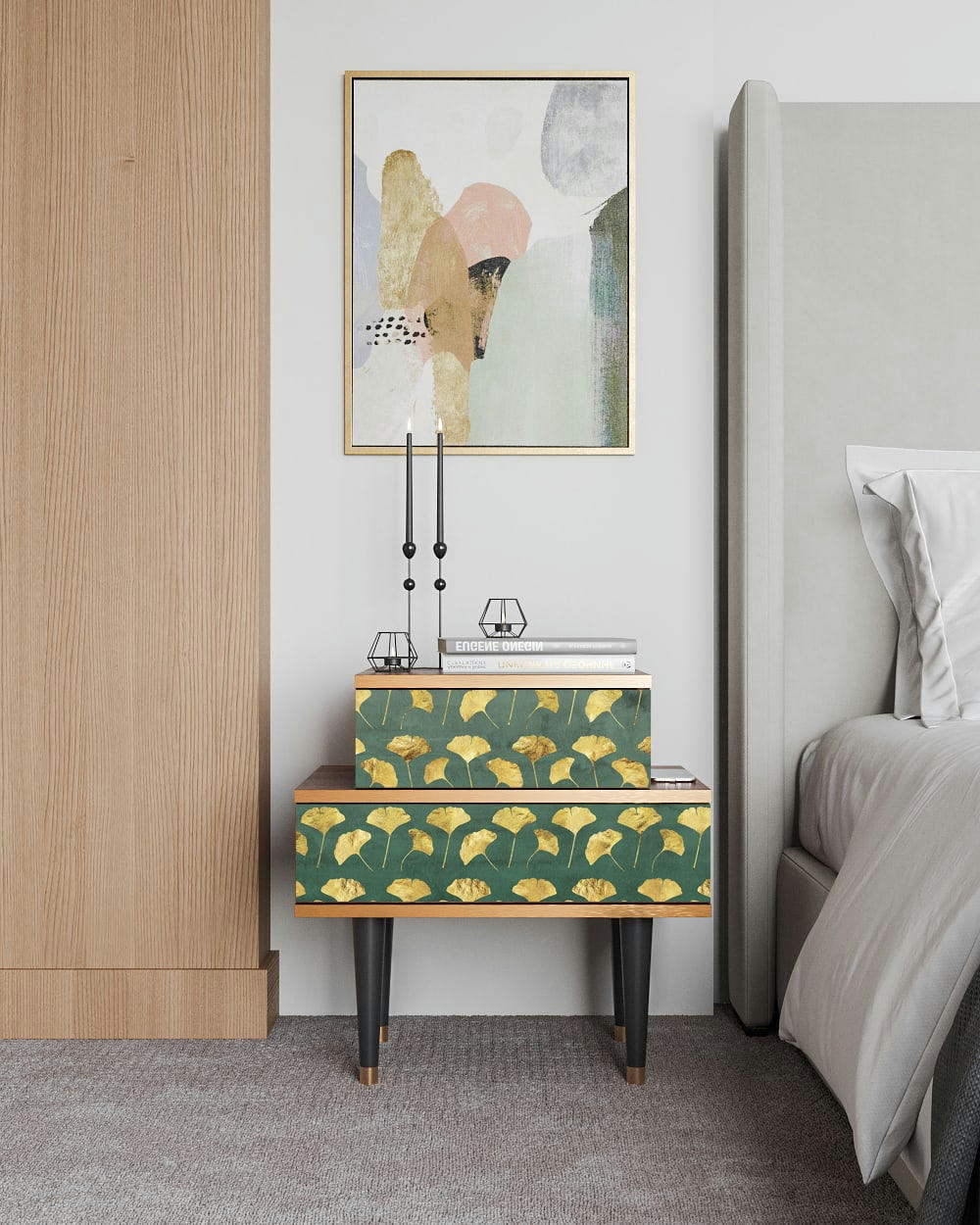 GINGKO LEAVES - Table de chevet vert et jaune 2 tiroirs L 58 cm