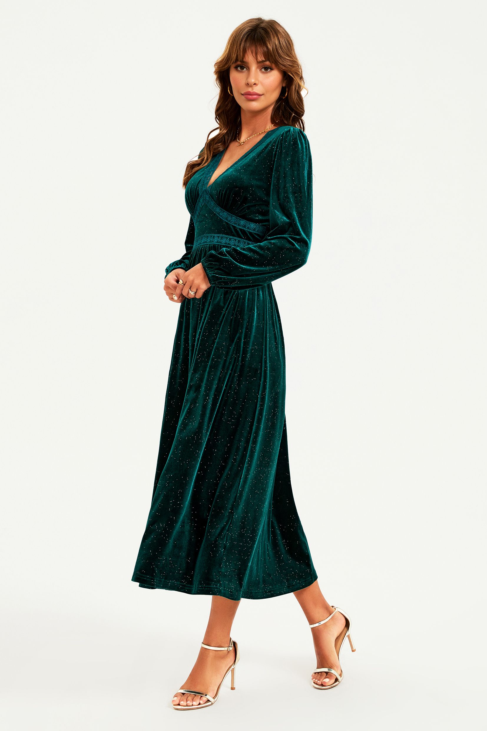 FS Collection Silver Foil Velvet Lace Trim Neckline Midi Dress In Green