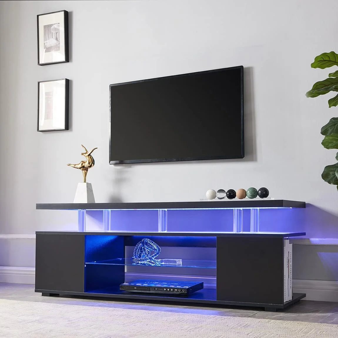 Black 63 TV Stand with LED & Open Storage for 70 TVs