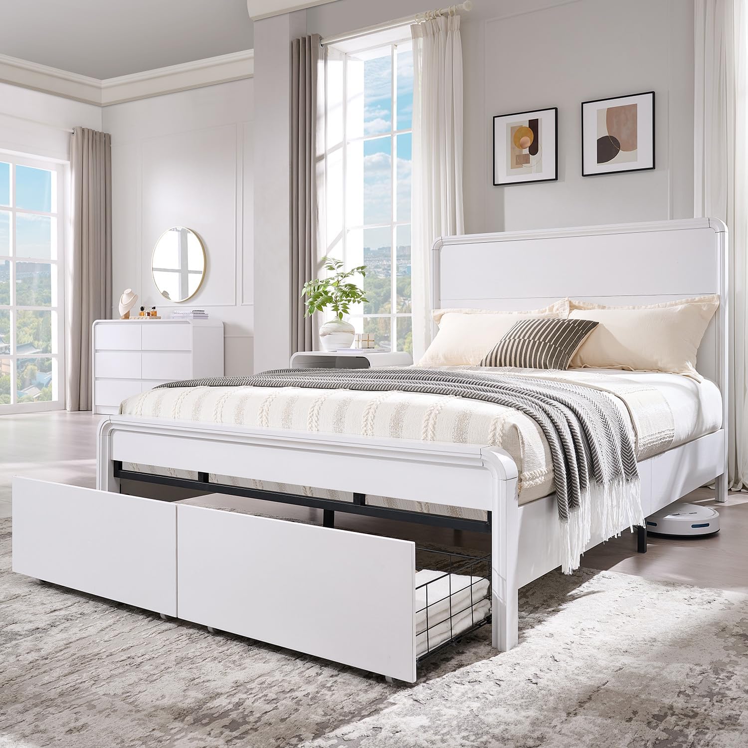 Modern Queen Size Bed Frame with 50 Tall Headboard, Wood Queen Size Platform Bed Frame w/3 Storage Drawers, Curved Profile Design, Wood & Steel Platform Bed, No Box Spring Needed, White