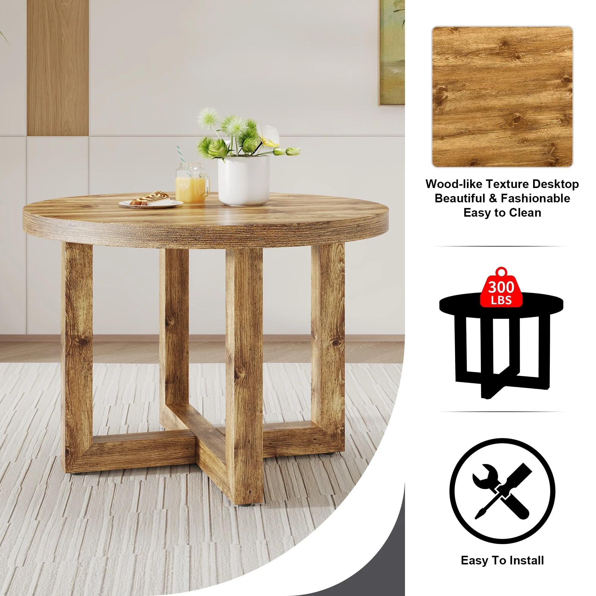 Modern And Practical Circular Dining Table. Made Of Mdf Tabletop And Wooden Mdf Table Legs