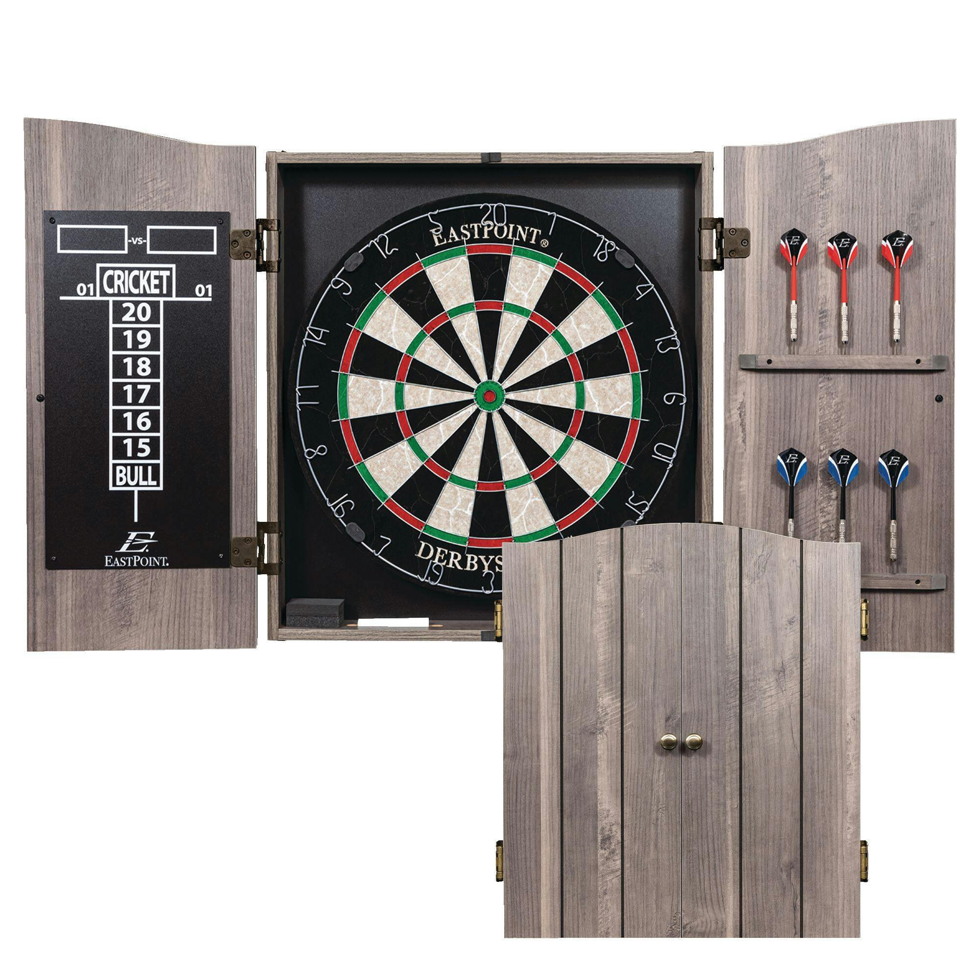 EastPoint Derbyshire Sisal Bristle Dartboard & Cabinet Set w/ 6 Darts & Chalk Scoreboard,