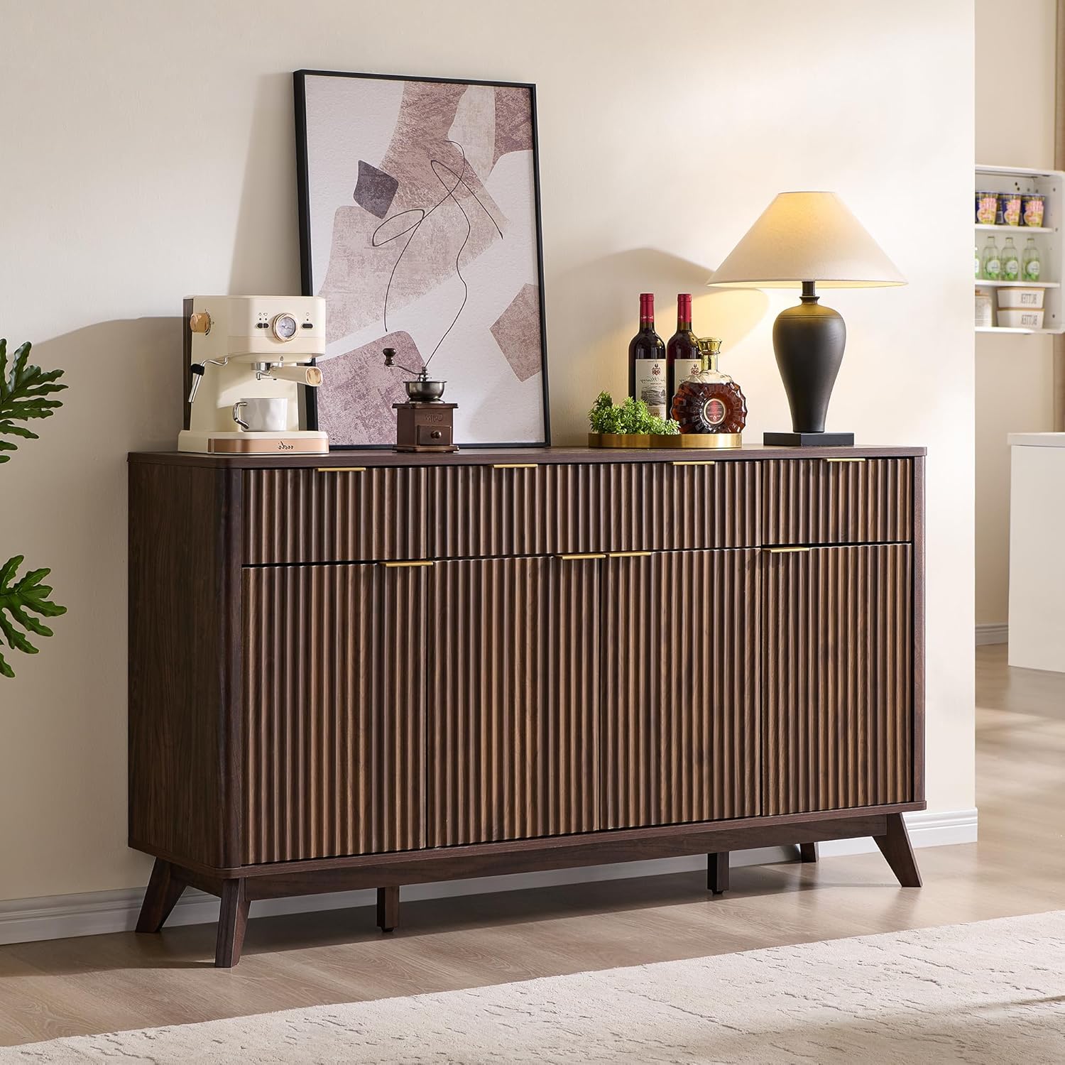 OKD Fluted Storage Cabinet with Drawers, 60 Morden Buffet Sideboard Coffee Bar Cabinet with 4 Doors and 3 Drawers for Dining Room, Living Room,Hallway (Dark Walnut)