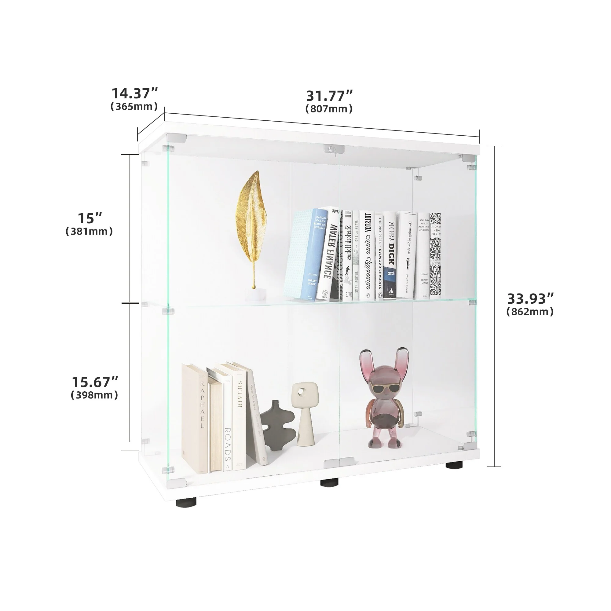 Two-door Glass Display Cabinet 2 Shelves with Door, Floor Standing Curio Bookshelf