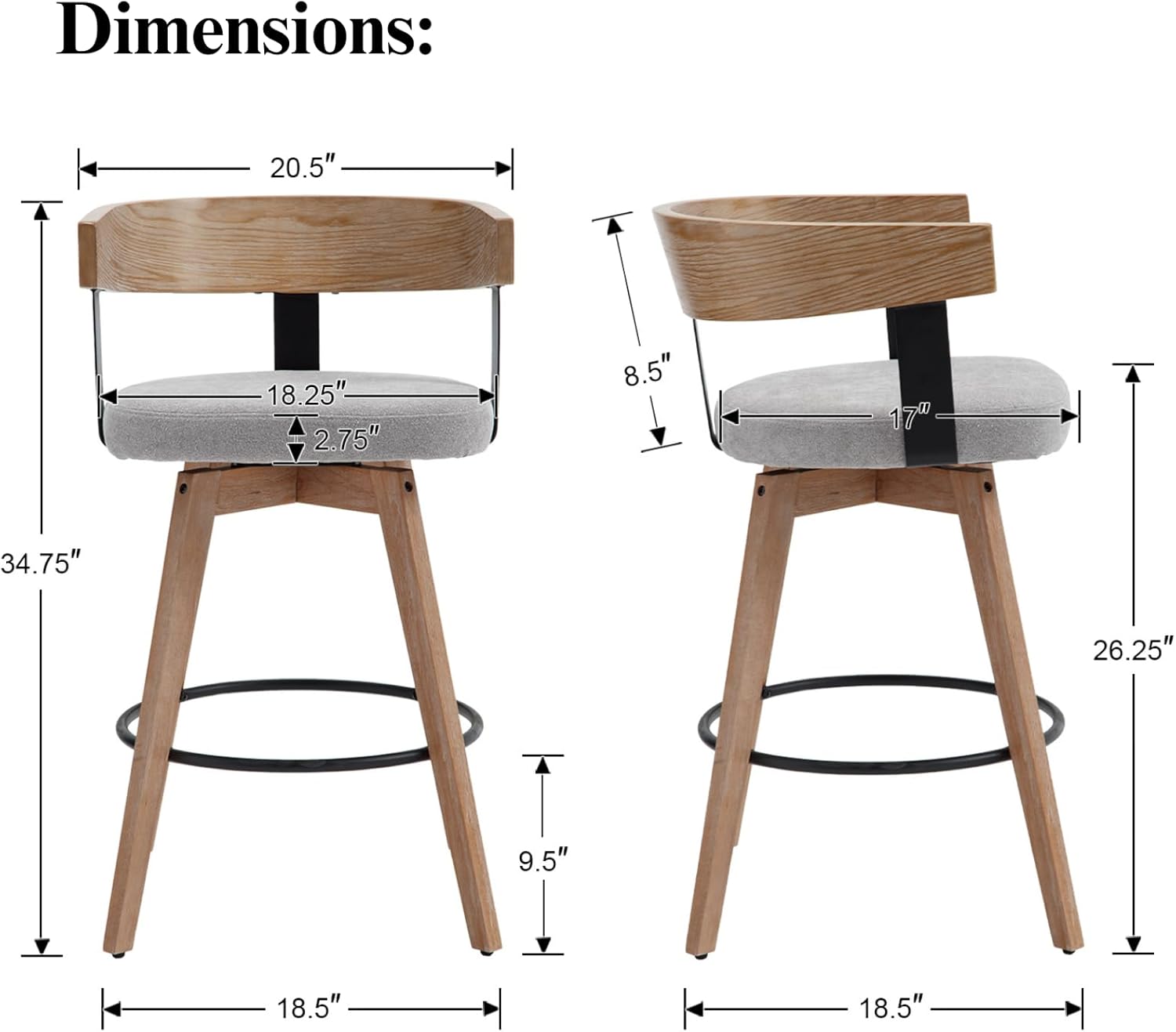 LukeAlon Linen Upholstered Counter Stools Set of 2, 360° Swivel Wooden Kitchen Stools with Wood Full Back Mid Century 26.25 Seat Height Low Barstools for Dining Room Kitchen Island, Grey