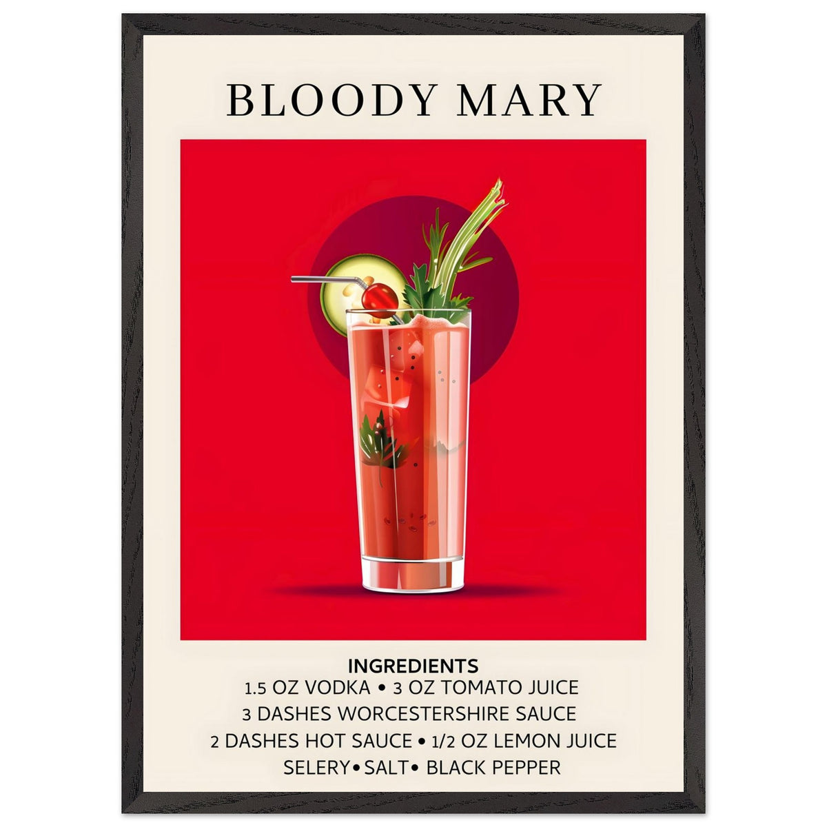Artfulprints Poster met Lijst Bloody Mary cocktail - Ingrediënten  - 50x70 cm - Rood