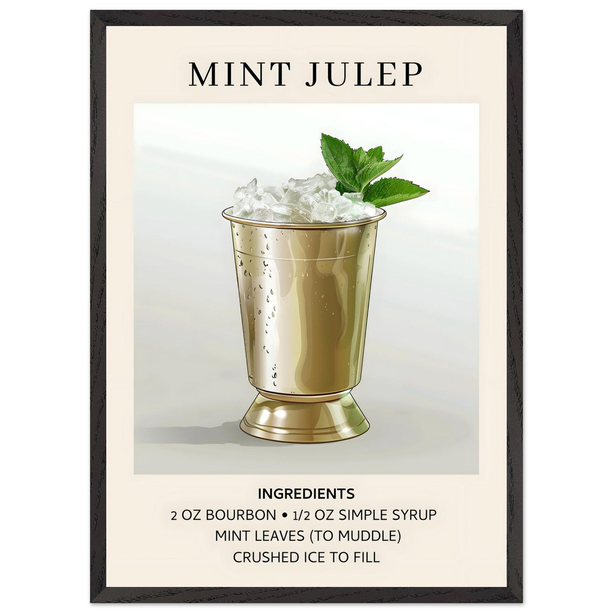 Artfulprints Poster met Lijst Mint Julep cocktail - Ingredients  - 50x70 cm - Grijs