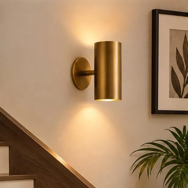 Modern Up Down Wall Lamp in Brushed Brass Finish, Cylindrical Architectural Light Fixture, Bedroom & Accent Wall Lighting Contemporary Decor