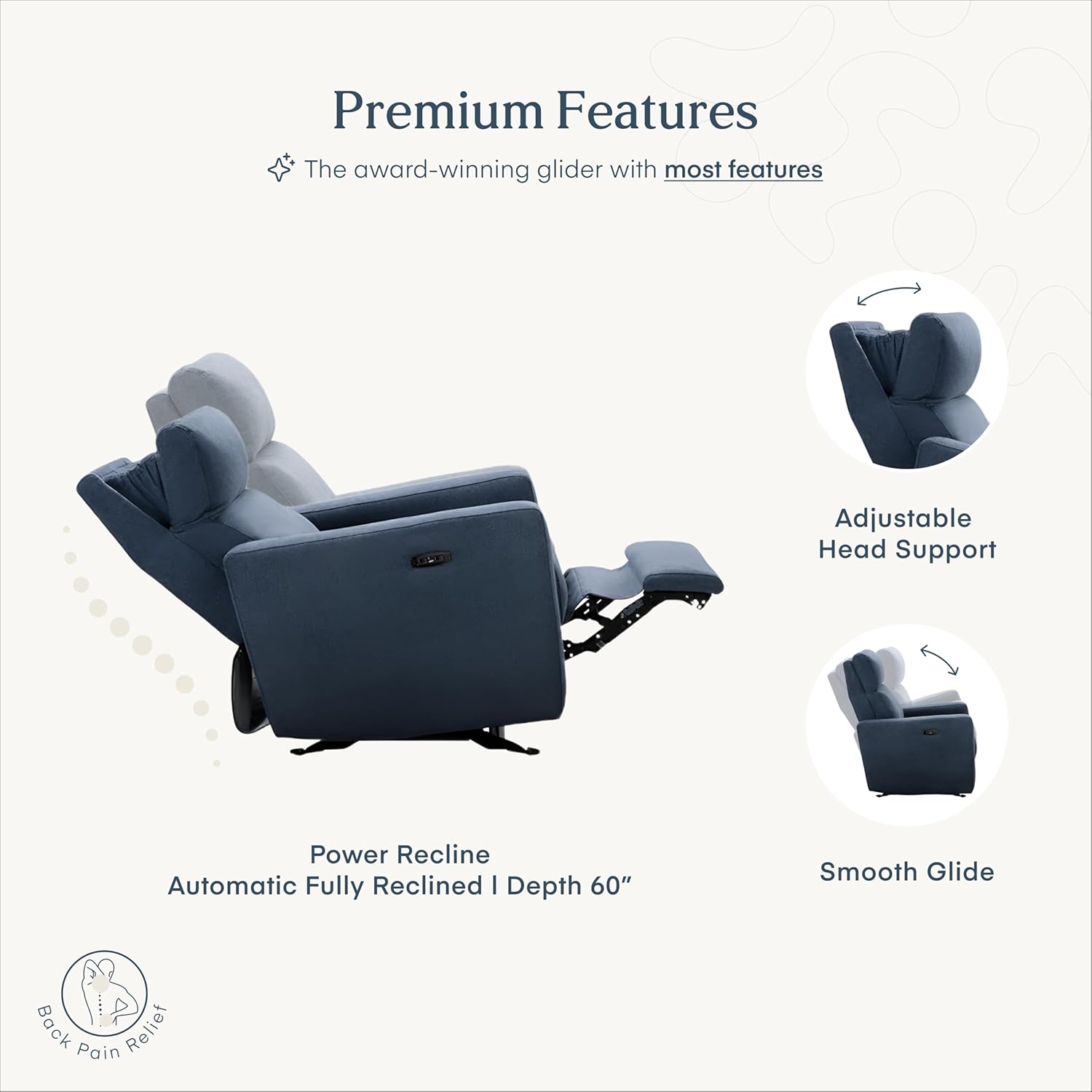 Nurture& The Glider Premium Power Recliner Nursery Glider Chair with Adjustable Head Support | Designed with a Thoughtful Combination of Function and Comfort | Built-in USB Charger (Navy)