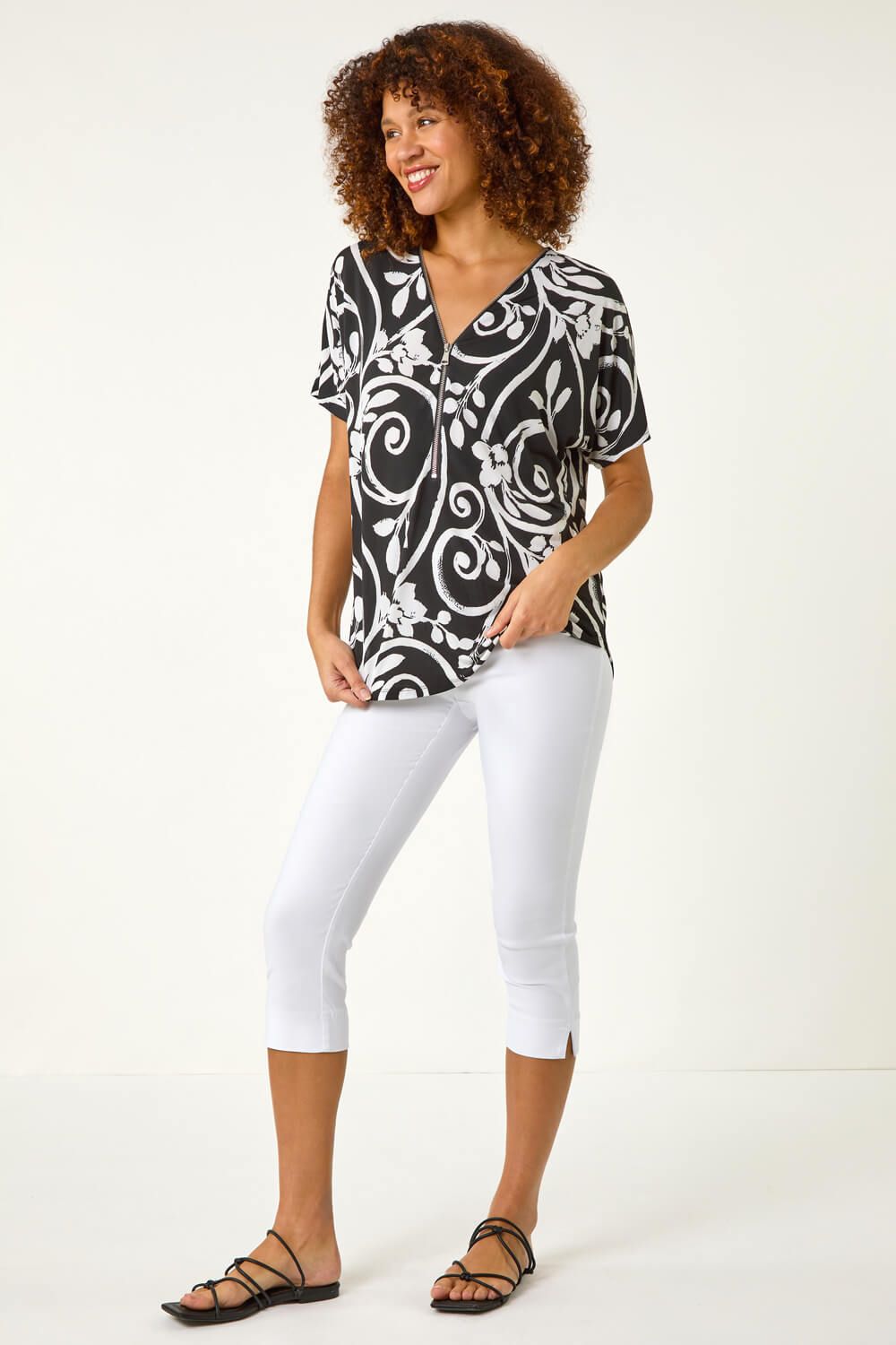 Roman Textured Print Zip Detail Top