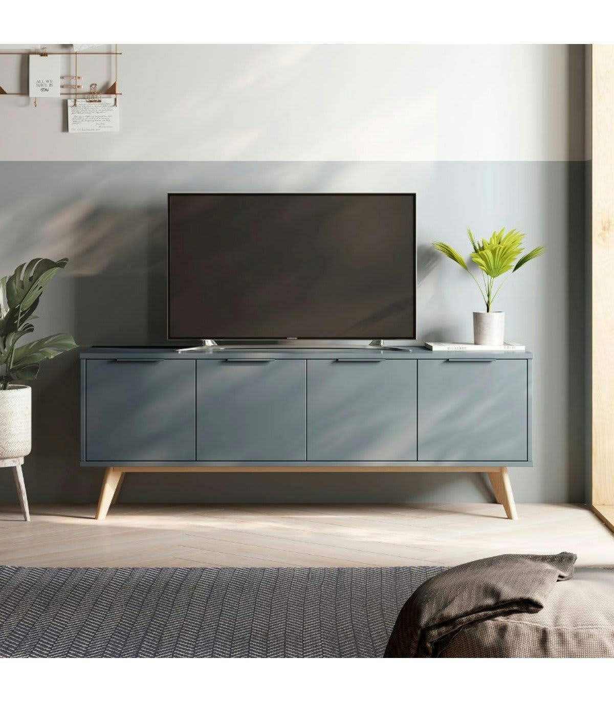 PISCO - Meuble TV 4 portes vert kaki et pin massif - L140 cm