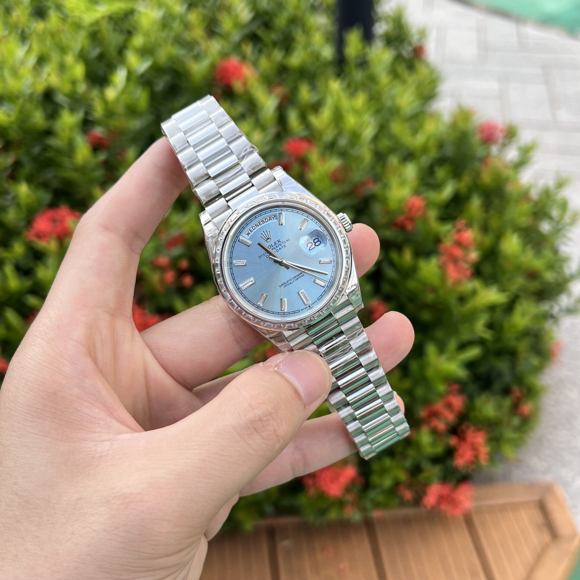 Rolex Day-Date 316L Steel Ice Blue Dial CZ Diamonds 40mm GSF Replica