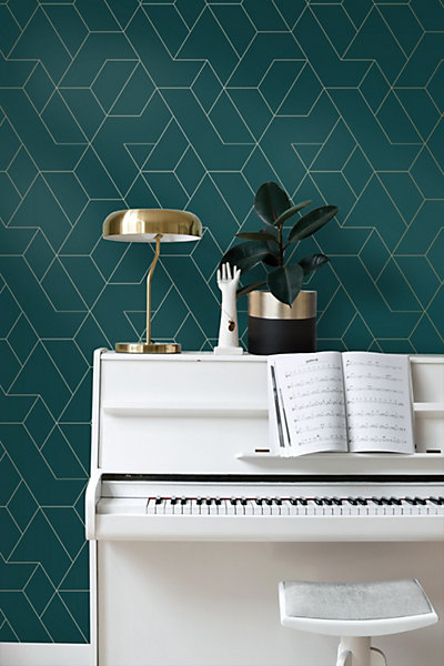 ESTAhome papier peint lignes graphiques bleu canard et or 50 x 900 cm