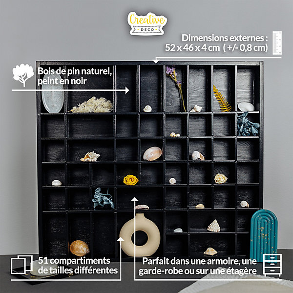 Creative Deco Vitrine Murale Petite Etagere Bois Noir - 51 Compartiments - 52 x 46 x 5 cm - Vitrine pour Collection Figurine