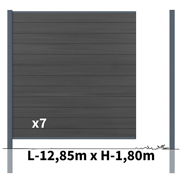 Kit Clôture Bois Composite Ardoise 13x1,8m CRUZ - Poteaux en Aluminium Gris - Brise Vue - Palissade