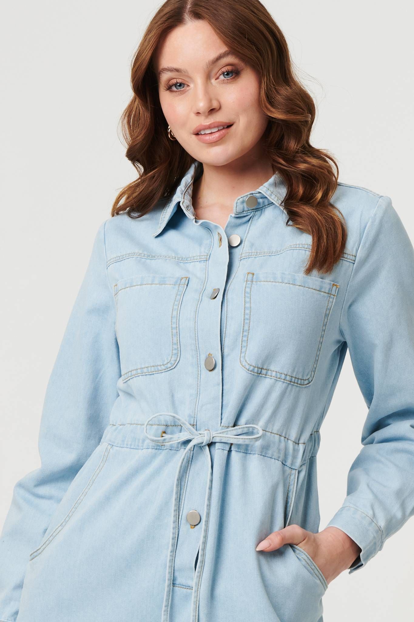 Izabel London Denim Tie Waist Long Sleeve Midi Dress