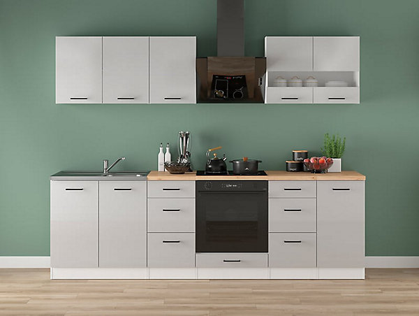 Cuisine complète 260 cm,Ensemble de meuble de cuisine coloris Blanc/Gris clair brillant, plan de travail non inclus