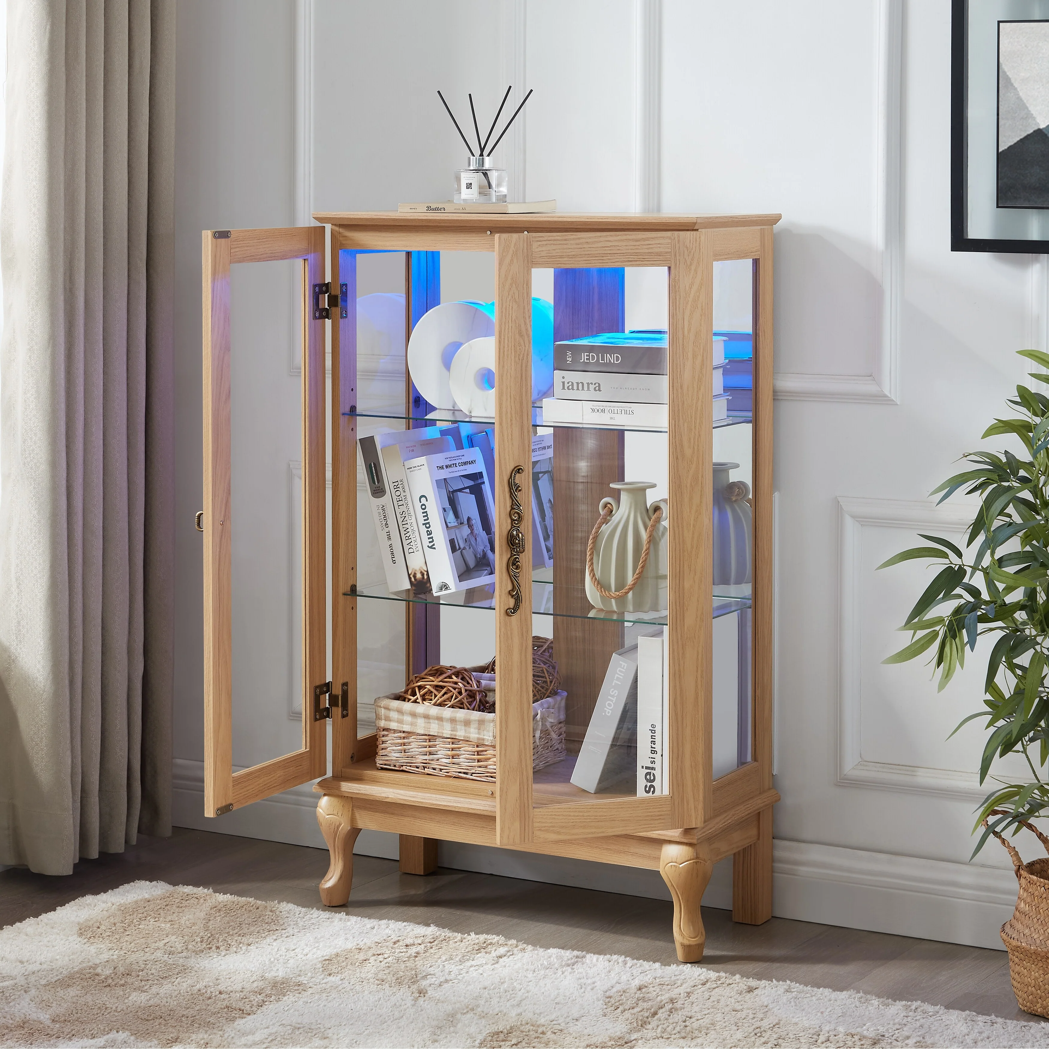Elegant Light Oak Curio Cabinet with Tempered Glass Doors, LED Light, Mirrored Back Panel & Adjustable Shelves